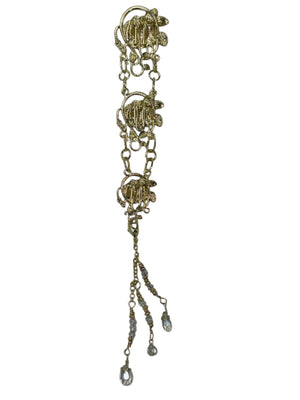 gold chain hair accessory with decorative charms and crystal drop strands front view