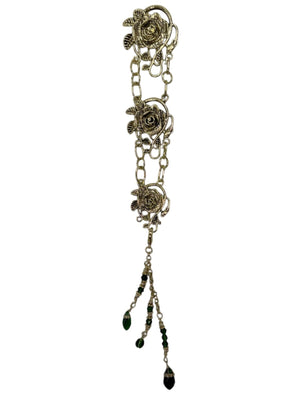 gold rose chain hair accessory with green crystal drop strands front view