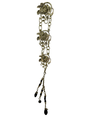 gold rose chain hair accessory with black crystal drop strands front view
