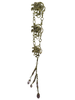 gold rose chain hair accessory with pink crystal drop strands front view