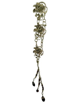gold rose chain hair accessory with dark red crystal drop strands front view