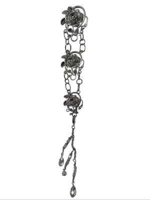 silver rose chain hair accessory with dangling crystal drops front view