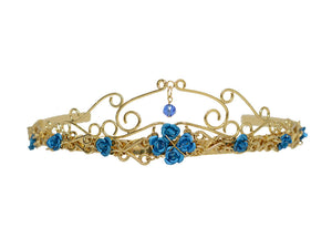 Gold-tone rose crown with blue rose accents and central blue crystal drop
