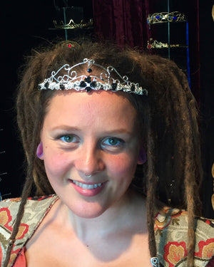 Model wearing Royal Rose Crown - Silver Floral Headpiece with Crystal Drop