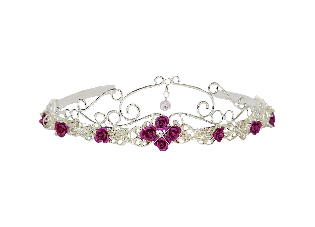 Royal Rose Crown silver floral headpiece with pink roses and green crystal drop, front view on white background.