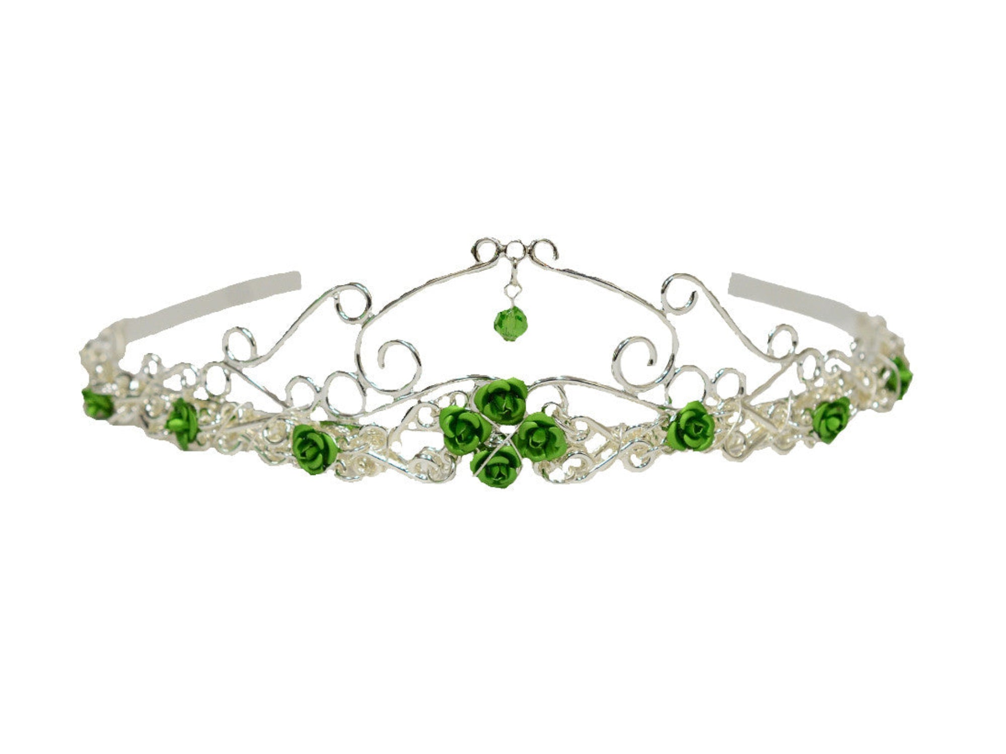 Royal Rose Crown silver floral headpiece with green roses and green crystal drop, front view on white background.