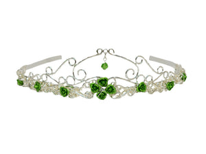 Royal Rose Crown silver floral headpiece with green roses and green crystal drop, front view on white background.