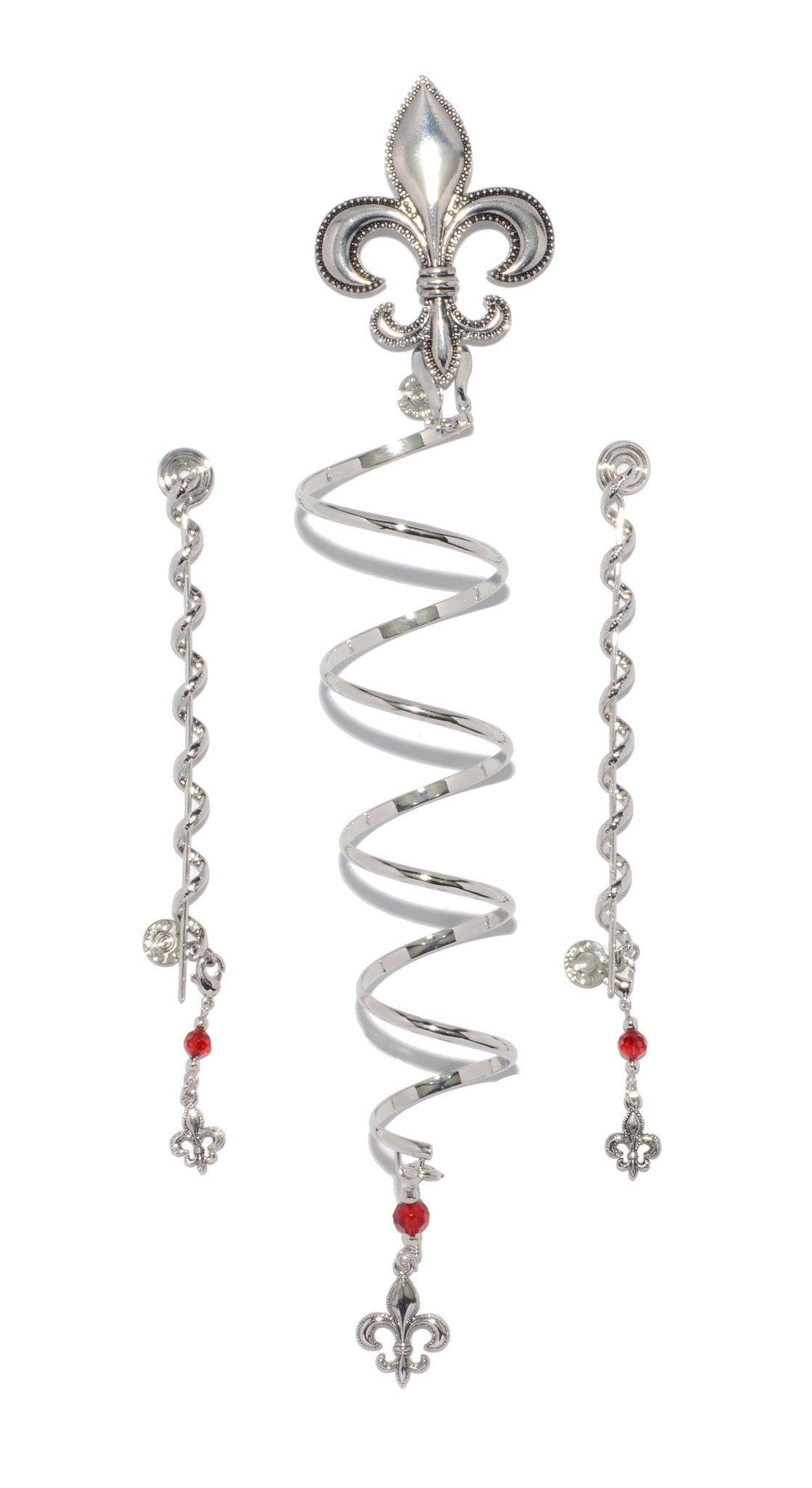 Fleur-de-lis silver adjustable hair wrap set with spiral coil and chain charms