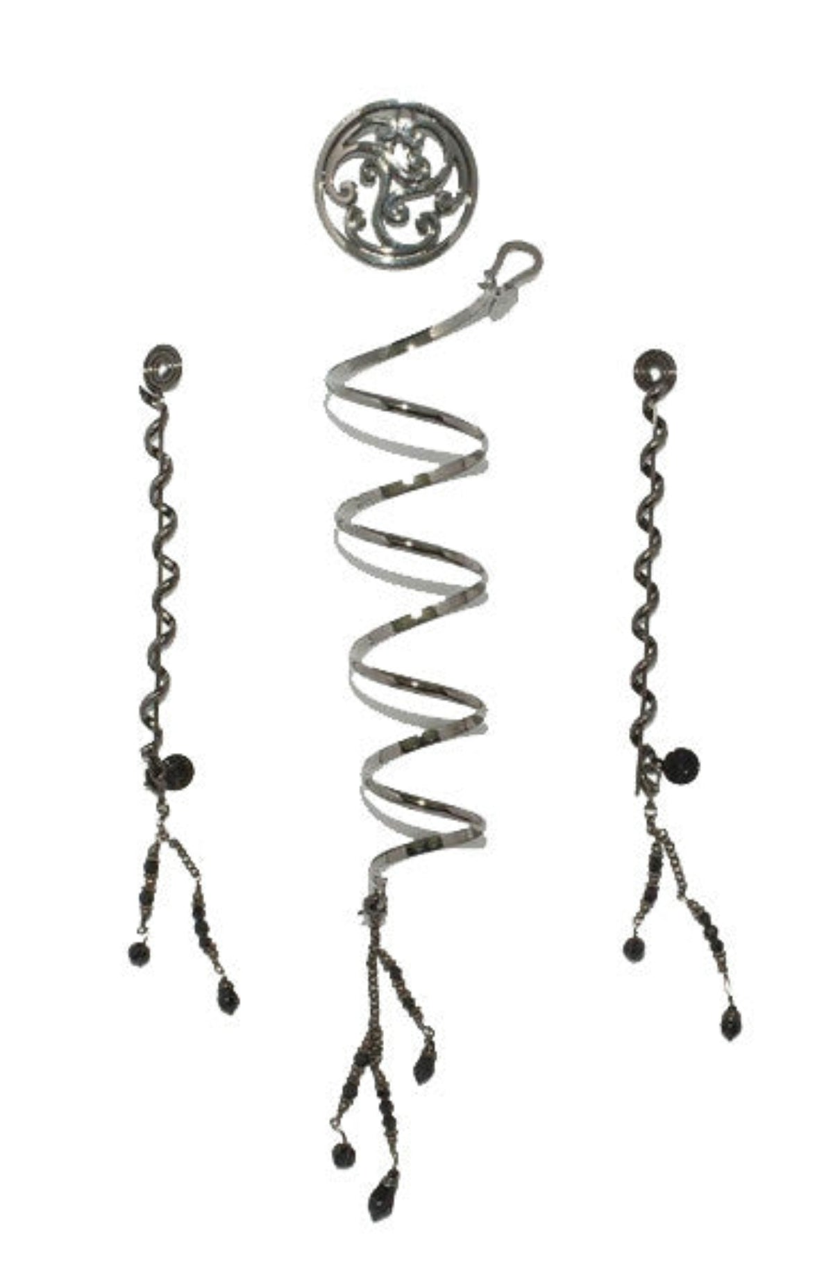 black metal hair accessory set with spiral wrap and dangling charms front view