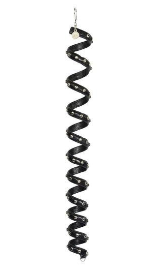 12-inch black leather spiral ponytail wrap with rivets, front view