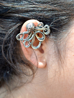 Model wearing Cthulhu Silver Elf Ear Cuffs - Lightweight No Piercing Fantasy Jewelry