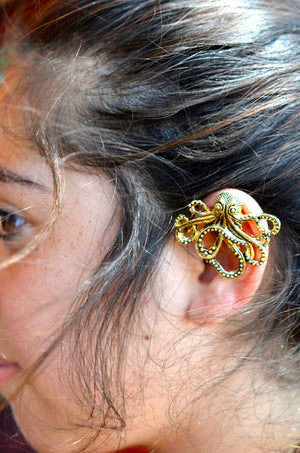 Model wearing Cthulhu Gold Elf Ear Cuffs - Lightweight No Piercing Fantasy Jewelry