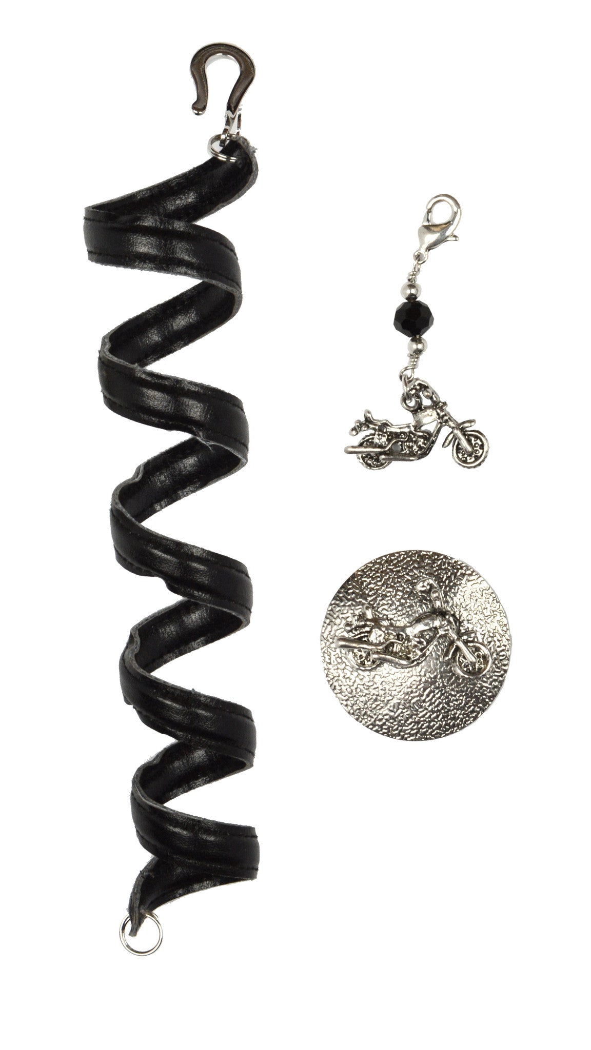 Adjustable 6-inch black leather biker ponytail wrap with motorcycle charm and snap closure
