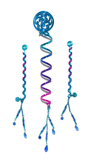 Celtic blue rainbow spiral hair wrap set with dangling bead accents and ponytail holder