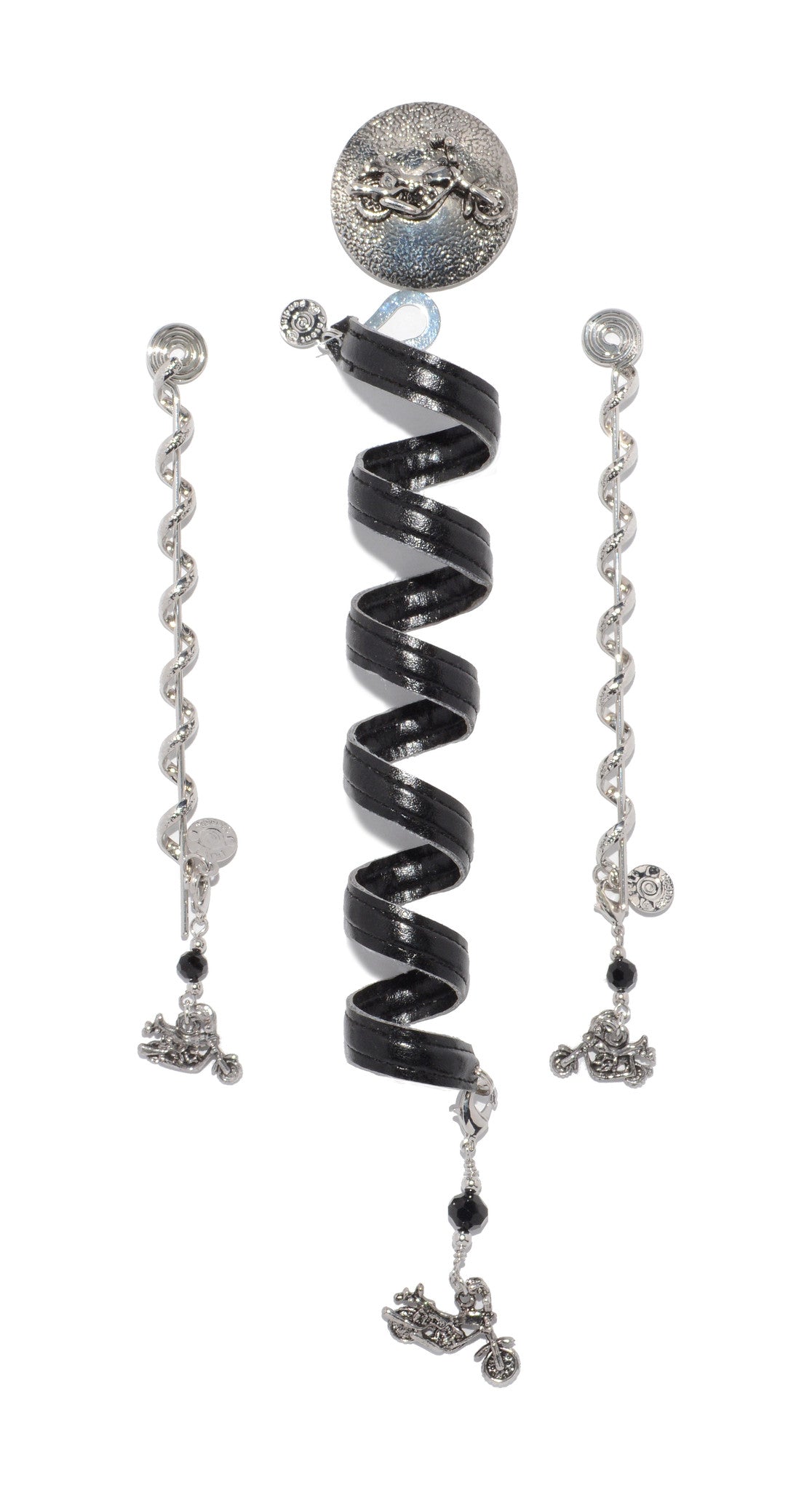 Black spiral ponytail wrap set with adjustable metal coil and dangling chain charms, front view