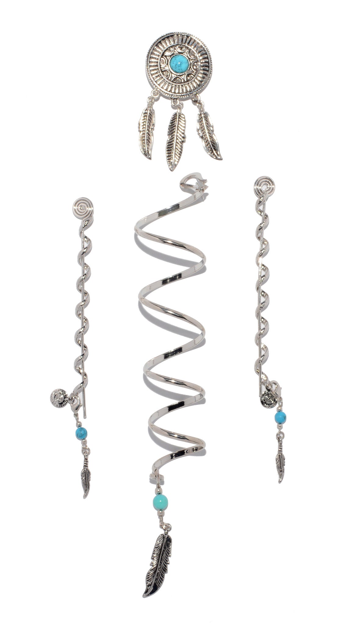 Silver dreamcatcher hair wrap set with turquoise accents and spiral coil