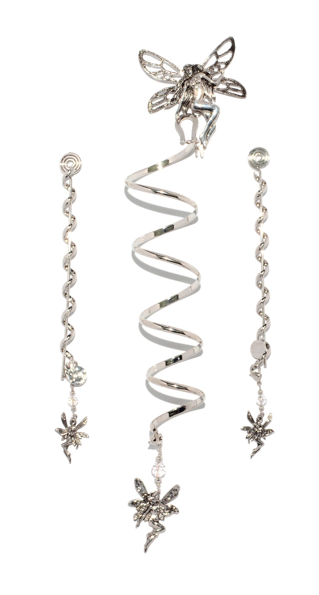 Silver fairy charm hair wrap set with adjustable spiral coil and dangling fairy charms, front view