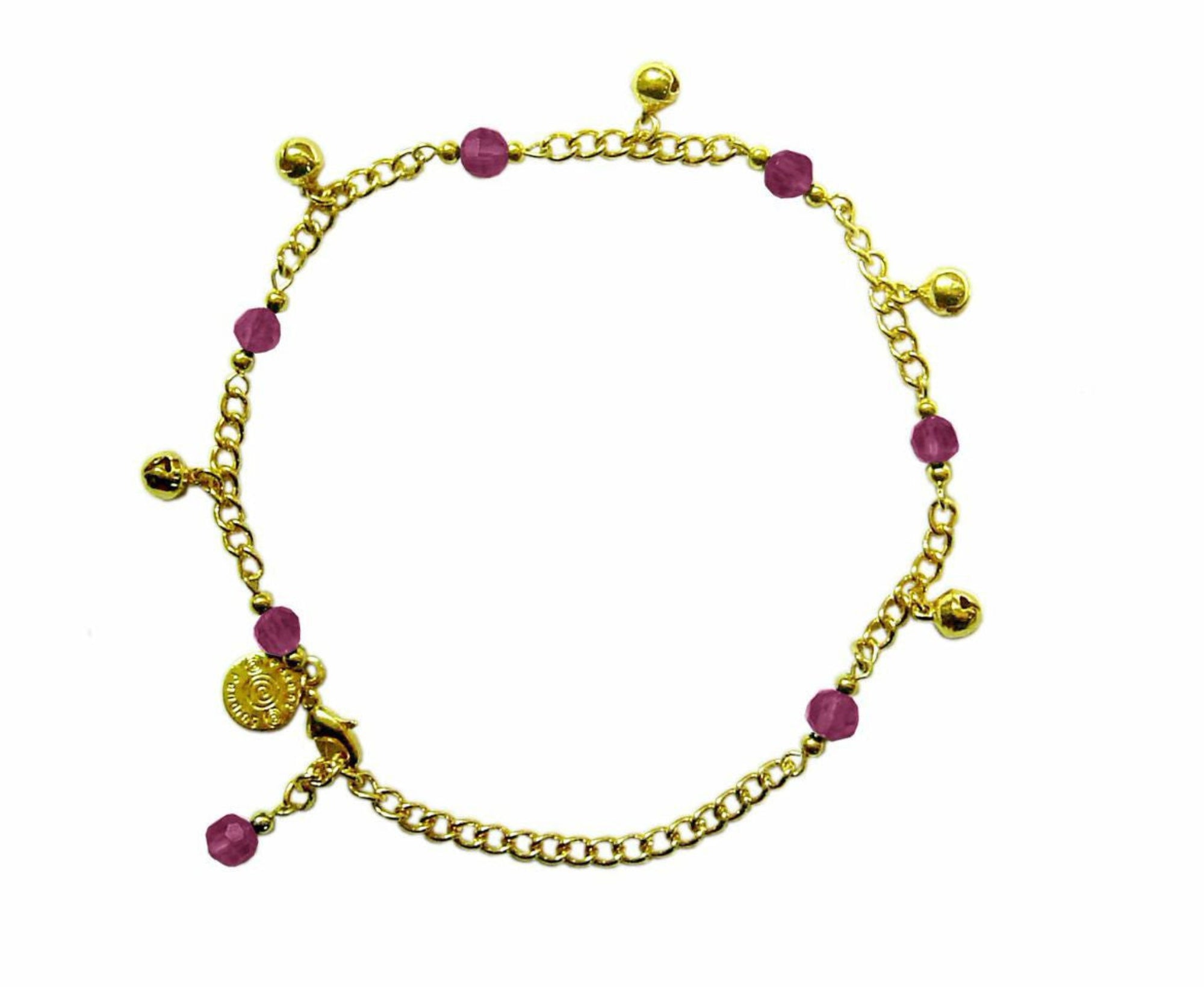 gold anklet with pink beads and small bells adjustable chain front view