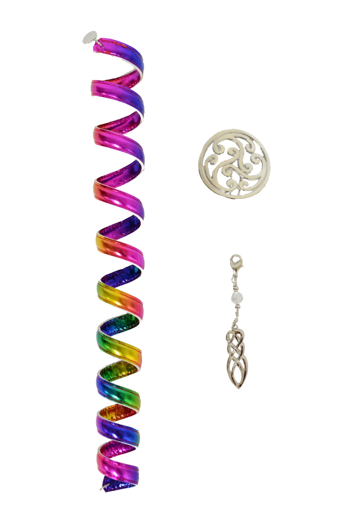 Rainbow anodized aluminum ponytail wrap set with Celtic silver-tone charms, festival hair accessory, front view on white background