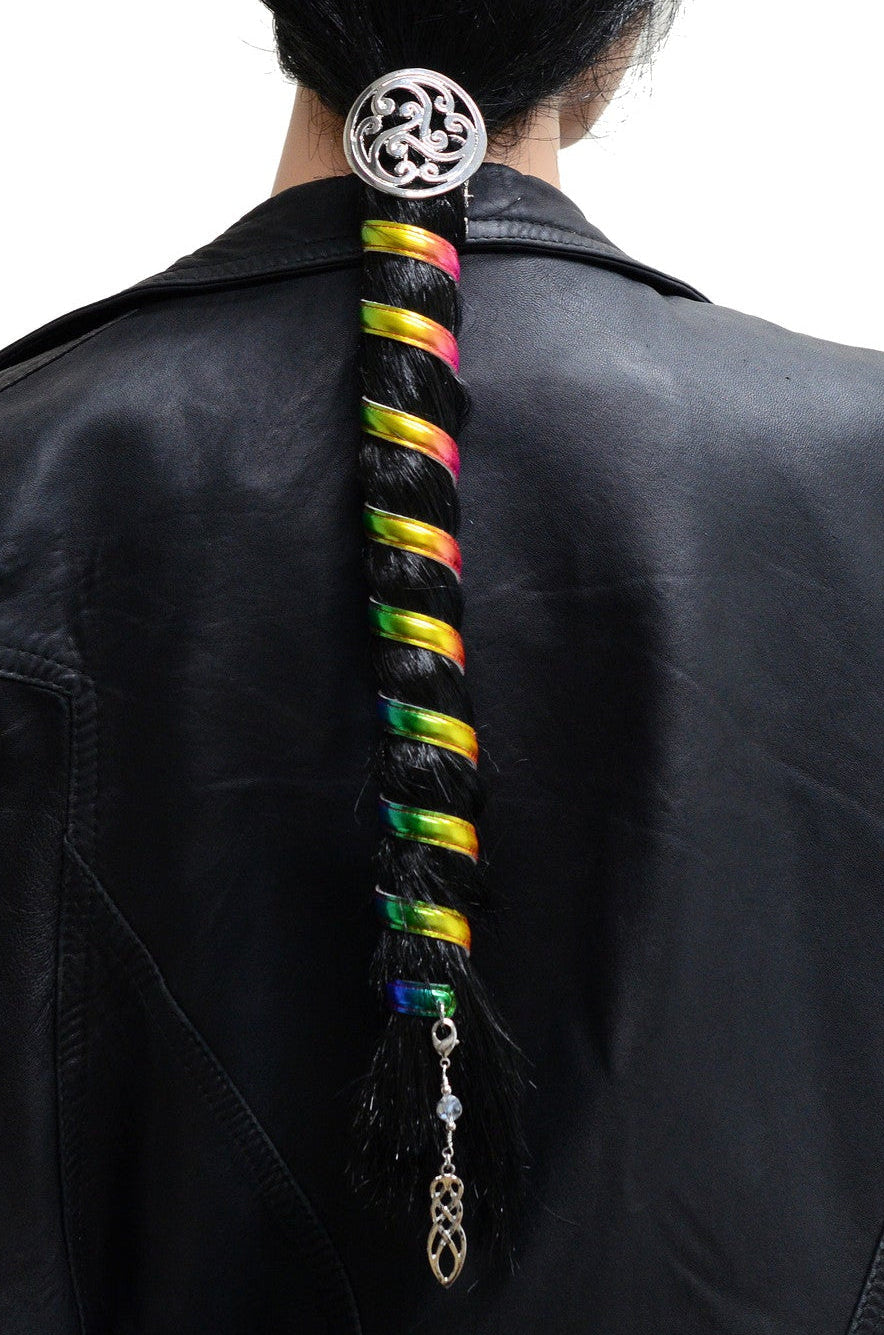 Model wearing Celtic Rainbow Silver Ponytail Wrap Set – 12" Festival Hair Accessory