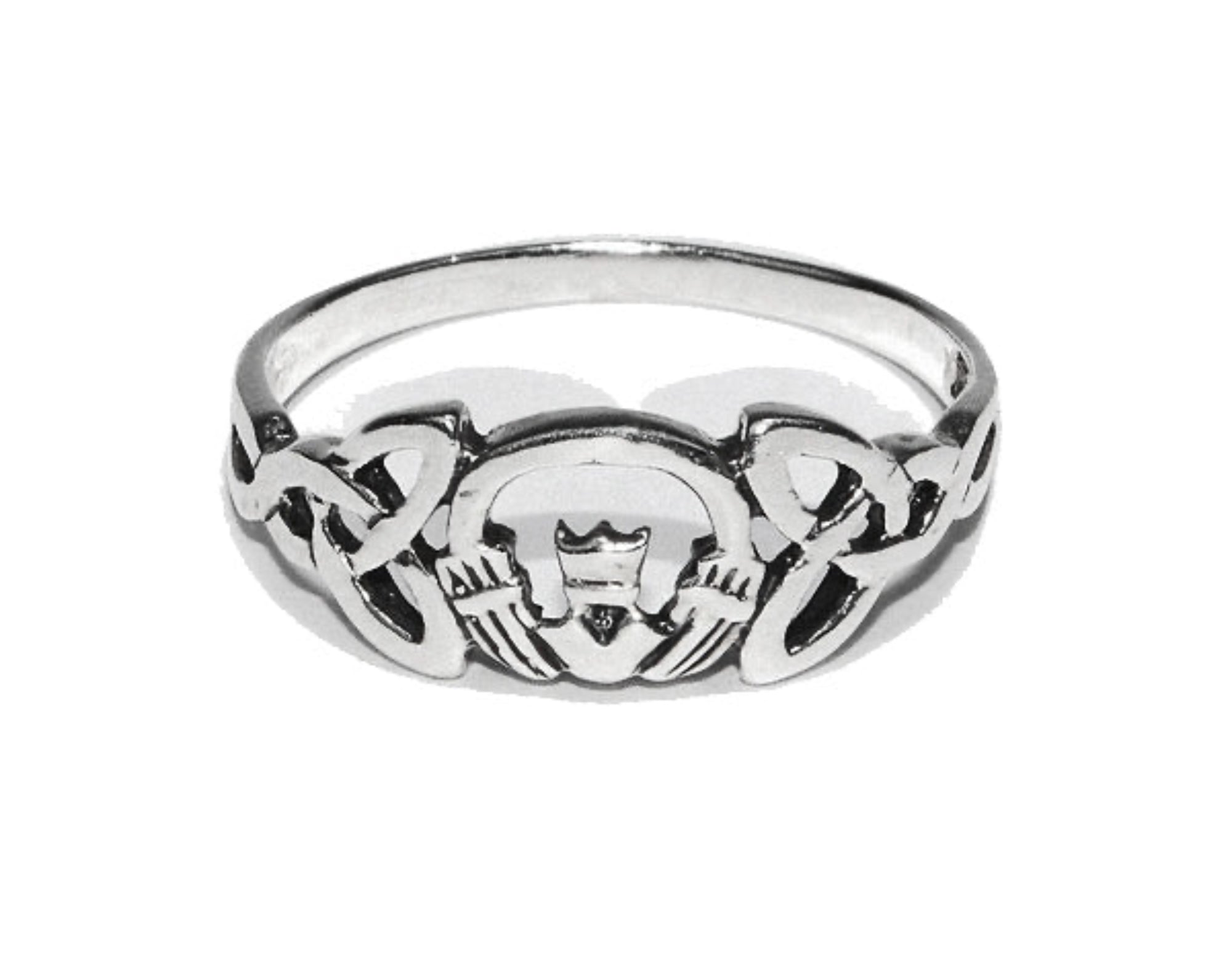 Sterling silver Claddagh crown ring, front view