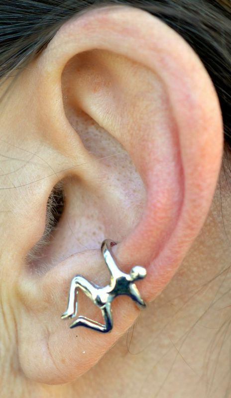 Model wearing Climbing Man Ear Cuff – Silver fantasy ear jewelry