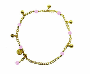 Gold Anklet with Bells & Beads – Adjustable Boho Foot Jewelry front view