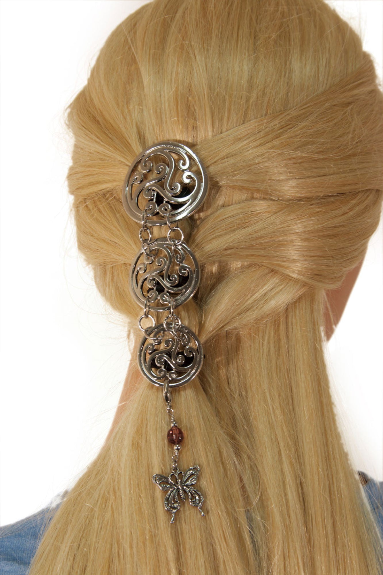 Model wearing Celtic Hair Armor – Silver Ponytail Holder elegant design