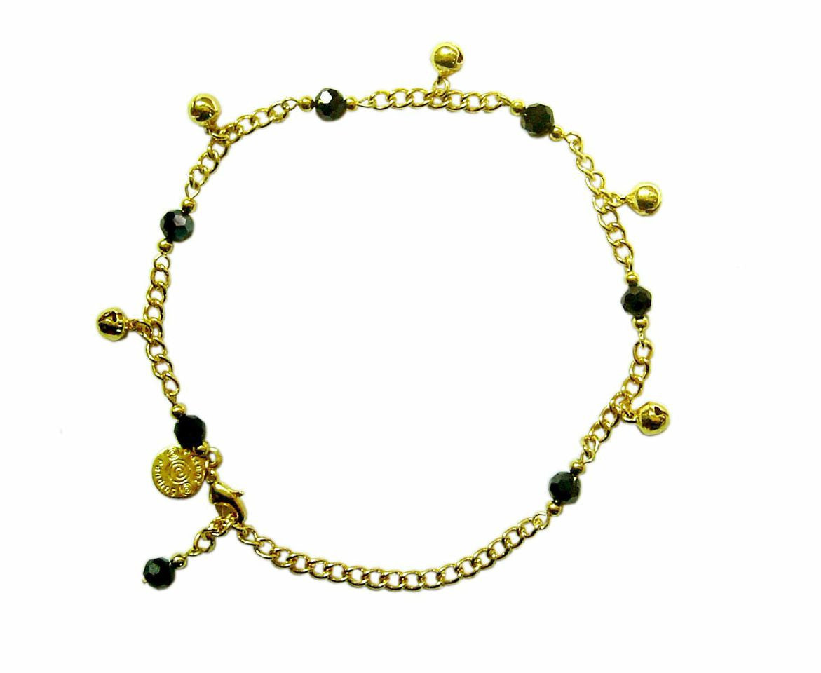Gold Anklet with Bells & Beads – Adjustable Boho Foot Jewelry front view