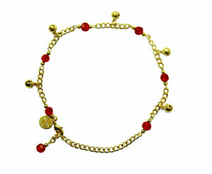 Gold Anklet with Bells & Beads – Adjustable Boho Foot Jewelry front view