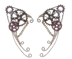 Steampunk gear elf ear cuffs, adjustable, front view