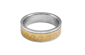 Stainless steel wave ring with gold accent, front view