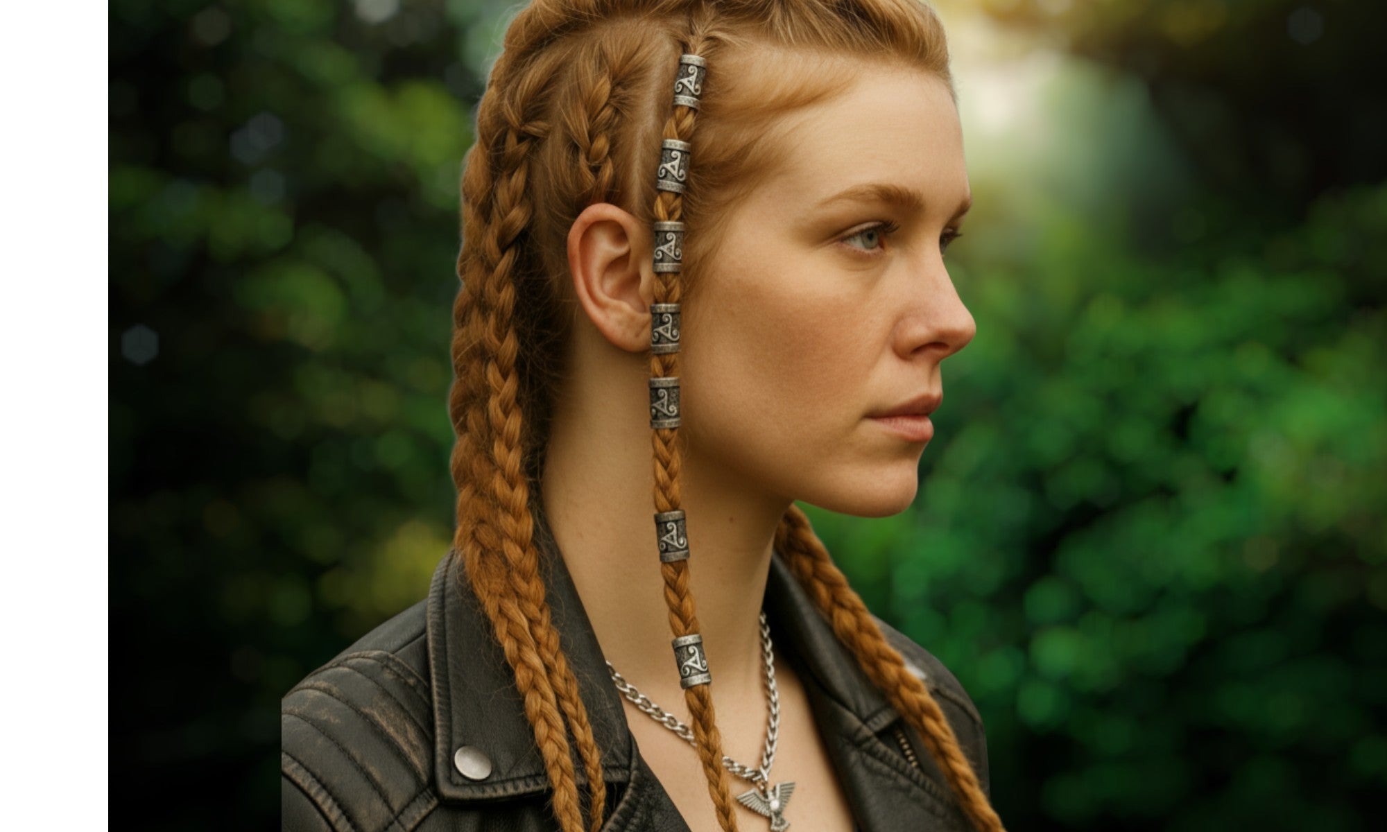 viking braid hairstyle with silver biker hair beads for long hair