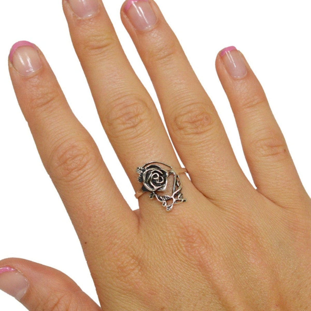 Model wearing Single Rose Ring – Sterling Silver Romantic Floral Jewelry