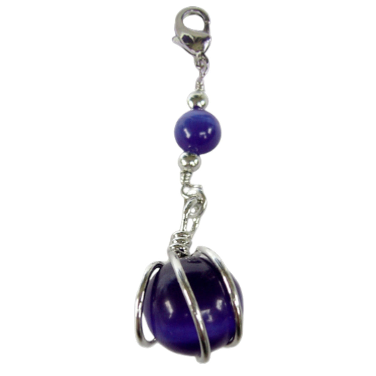 Small silver hair charm with blue stone bead in wire wrap setting