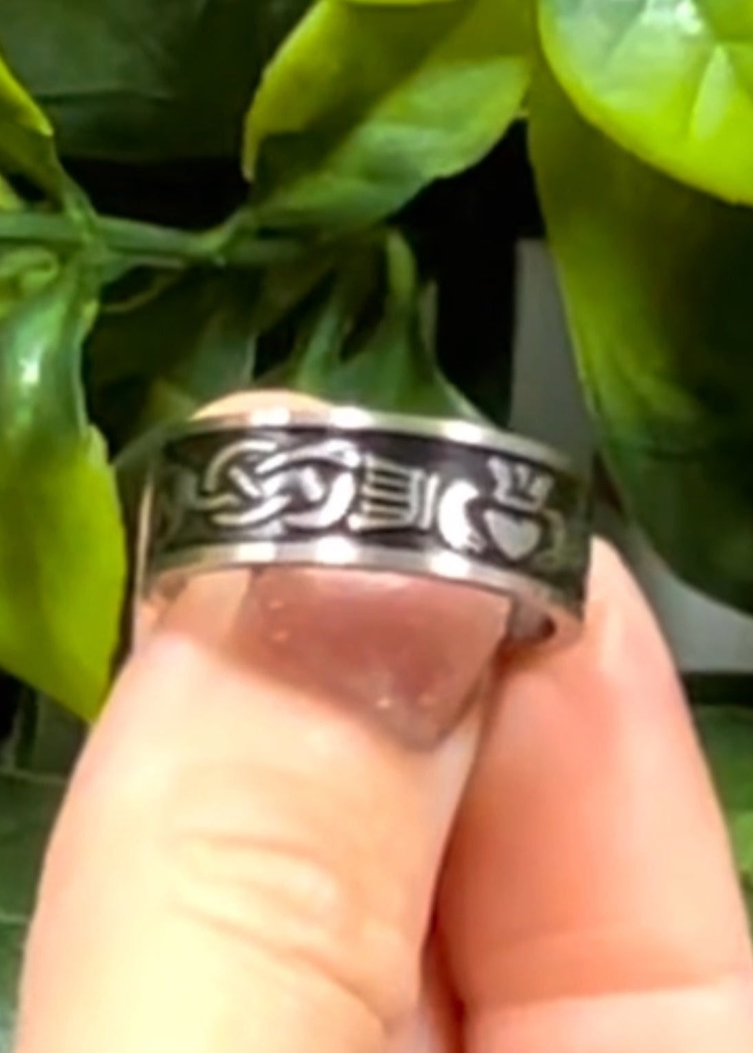 Model wearing Claddagh Band Ring - Stainless Steel Celtic Irish Symbol Jewelry