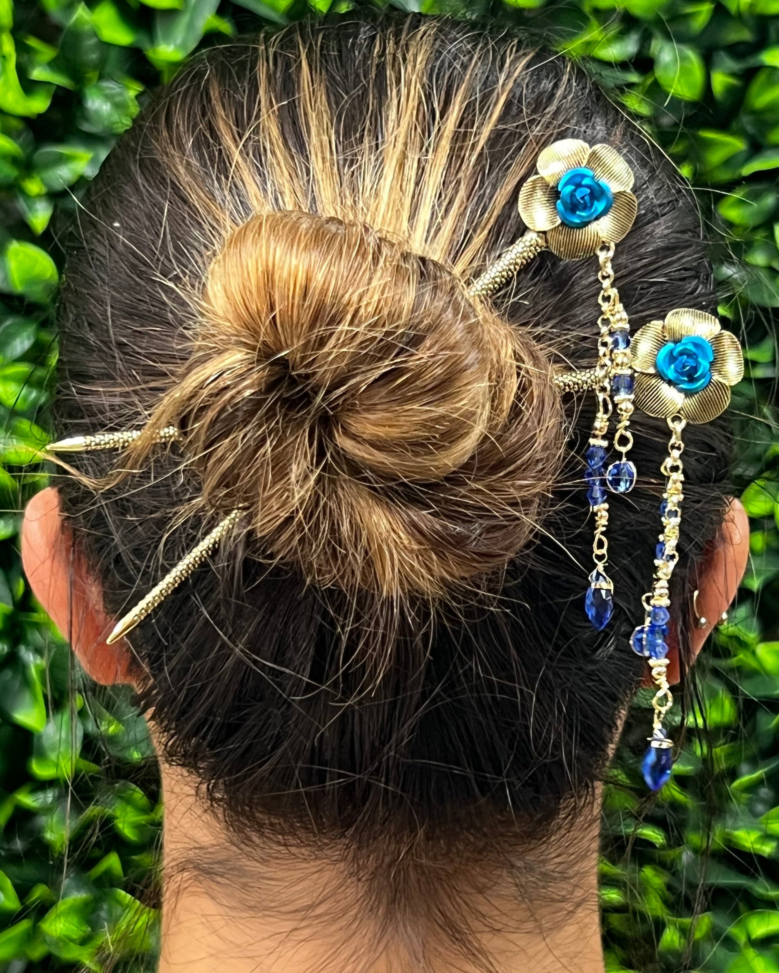 Model wearing Flower and Beads Hair Sticks - Floral Design Hair Accessories
