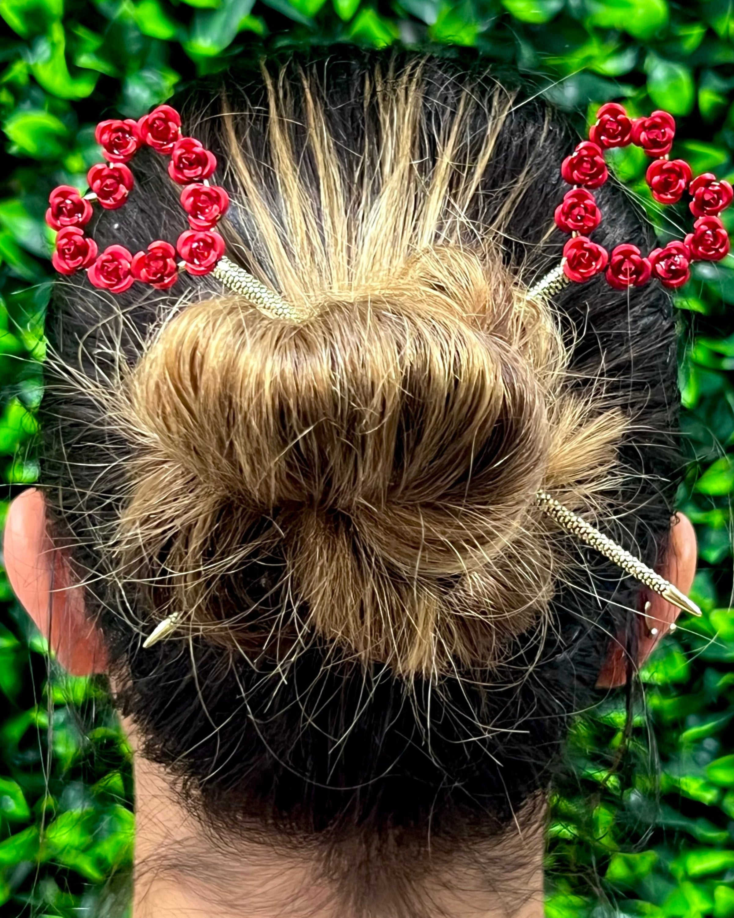 Heart & Flowers Hair Sticks with romantic red rose heart design securing a bun hairstyle, decorative metal hair accessories for updos, weddings, festivals, and everyday wear.