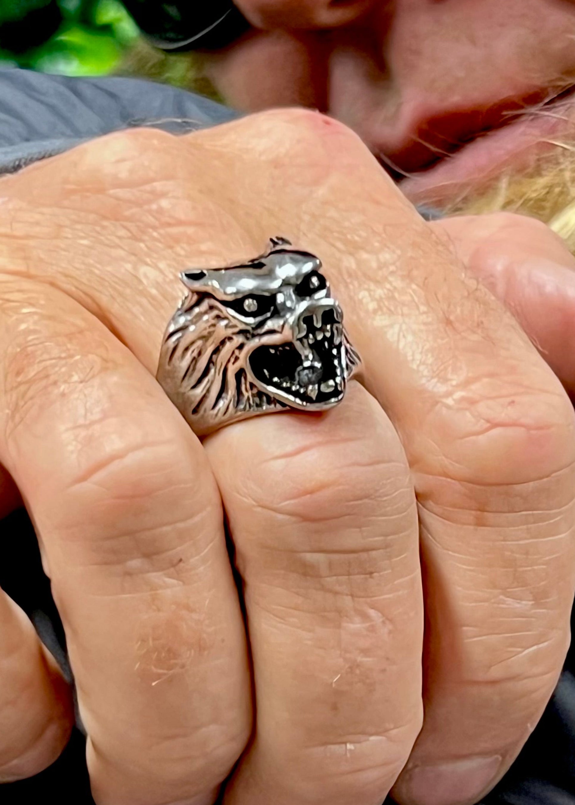 Model wearing Gmork Wolf Ring - Stainless Steel Fierce Wolf Jewelry