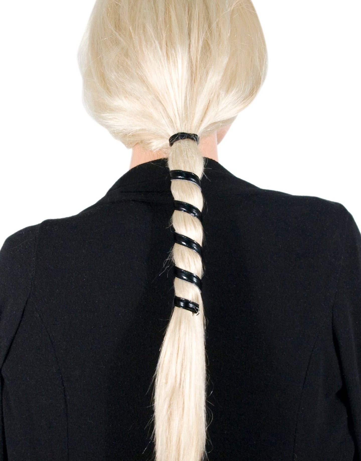 Model wearing 6-inch black leather spiral ponytail wrap, back view