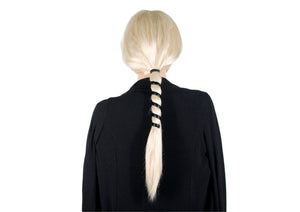 Model wearing 6-inch black leather spiral ponytail wrap, back view