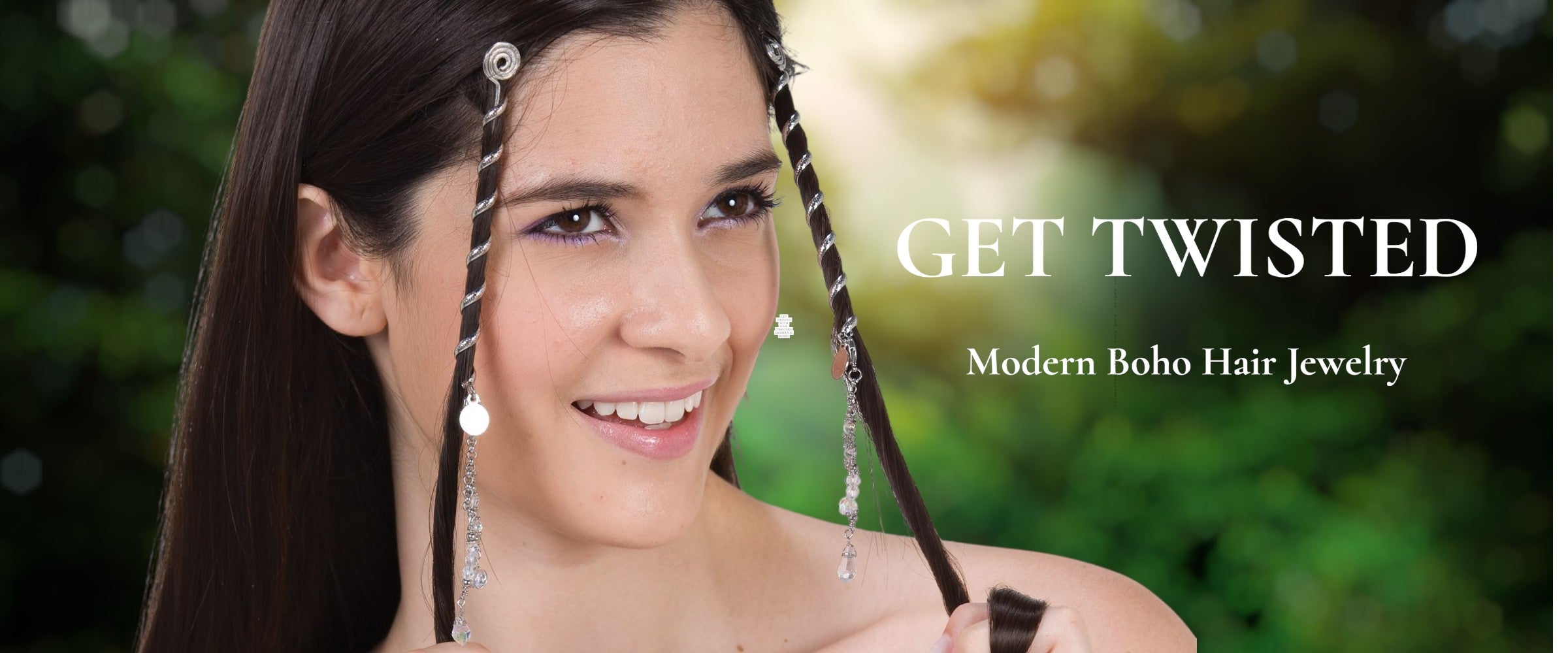 Woman wearing decorative Hair Twisters with glass beads, showcasing Medieval Metal hair accessories.