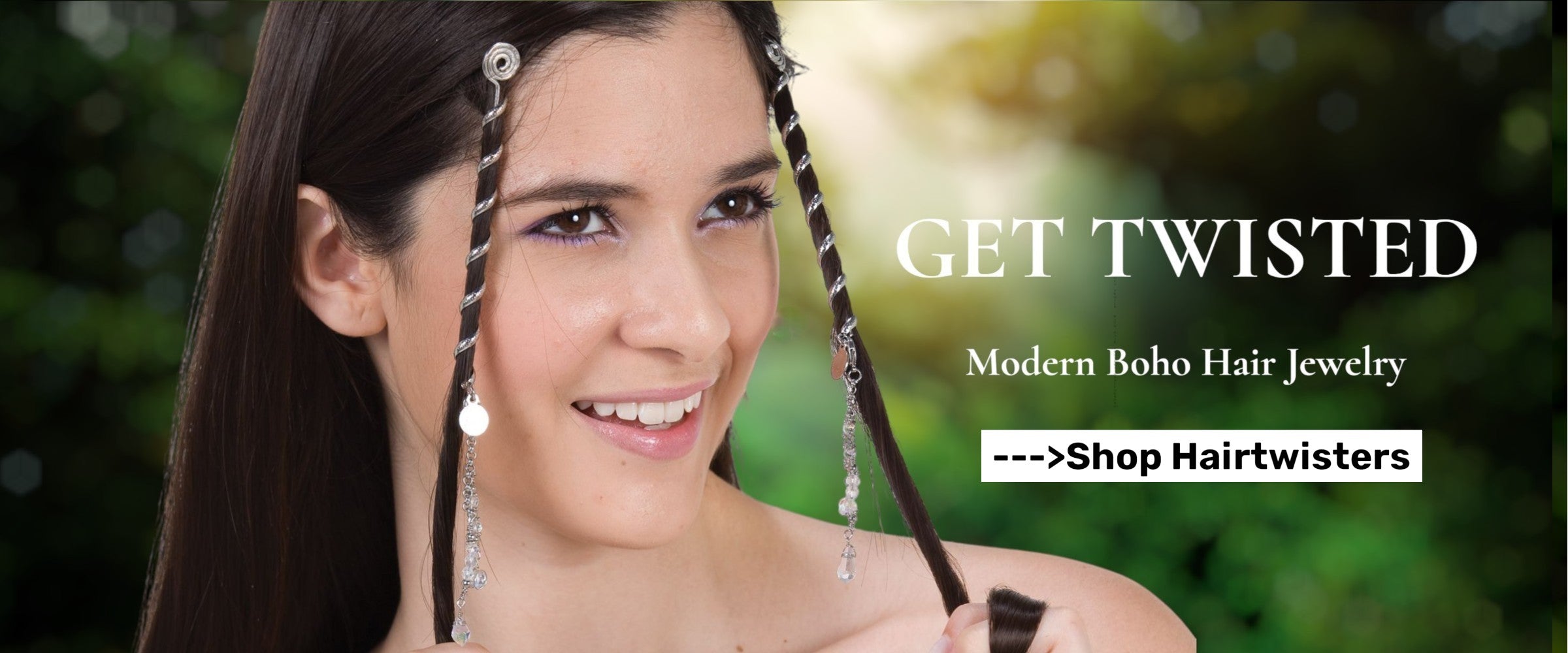 Model wearing spiral Hair Twister ponytail wraps, metal hair jewelry styled for boho festival and everyday wear