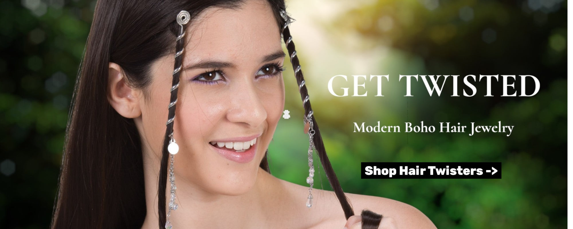 Woman wearing decorative Hair Twisters with glass beads, showcasing Medieval Metal hair accessories.