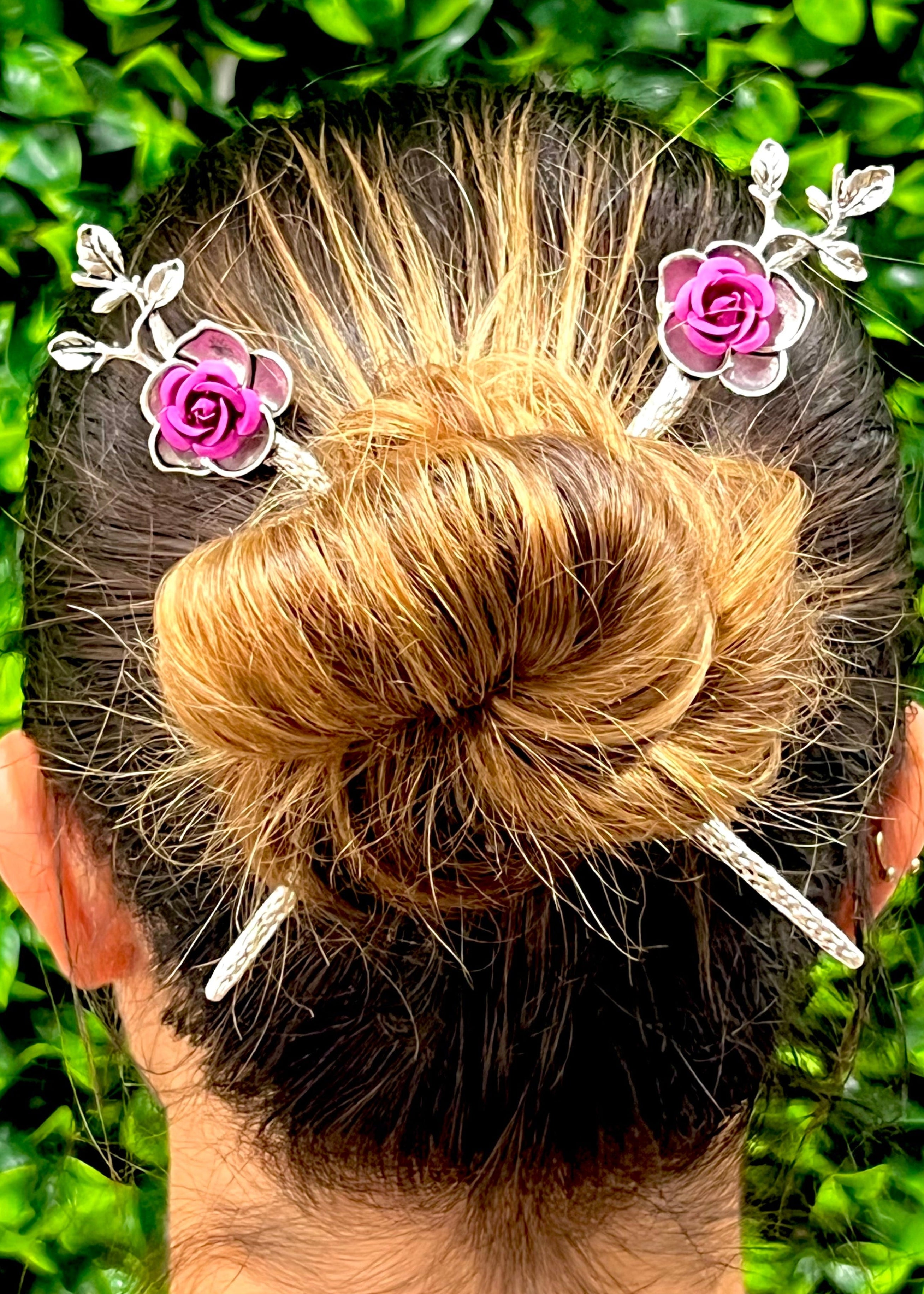 Model wearing Flower Power Hair Sticks - Elegant Rose Romantic Hair Accessories
