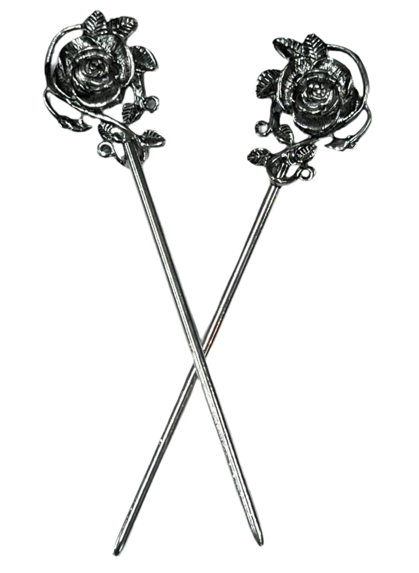 silver rose hair sticks floral vine design decorative hair pins front view