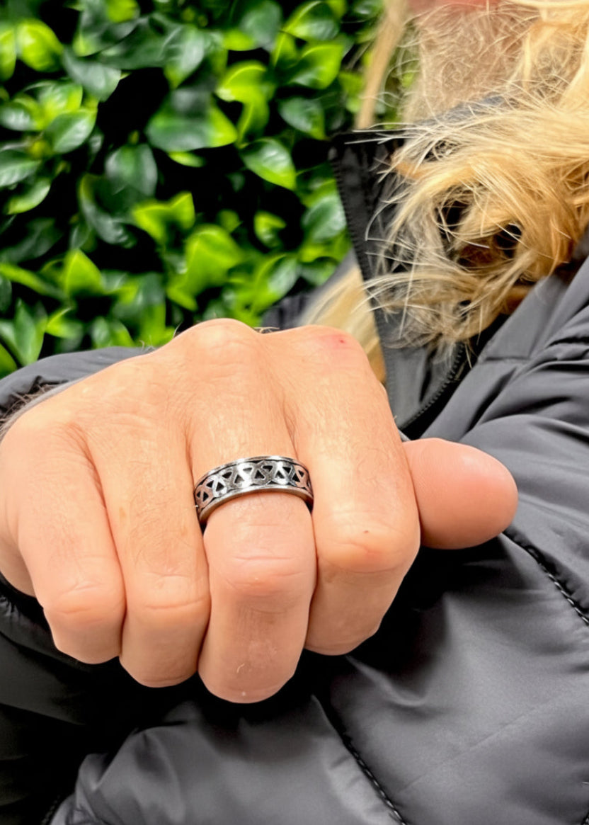 Model wearing stainless steel woven braid ring
