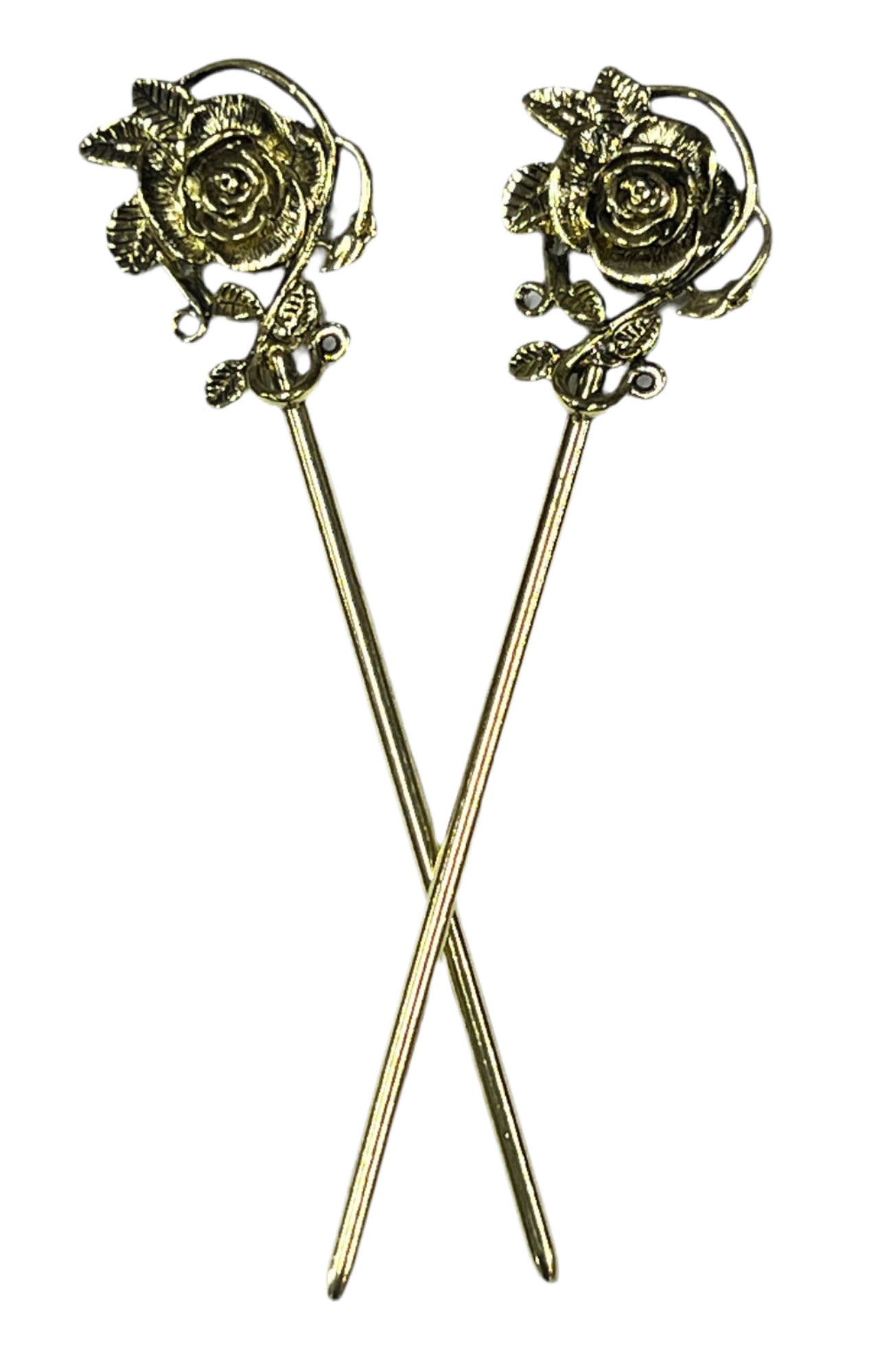 gold rose hair sticks floral vine design decorative hair pins front view