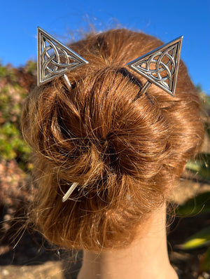 Model wearing Unity Hair Sticks - Celtic Knot Elegant Hair Jewelry for Women