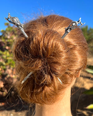 Model wearing Dragon Hair Sticks - Silver and Gold Fantasy Hair Accessories cosplay look
